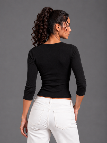 V Neck 3/4 Sleeve Top - Black
