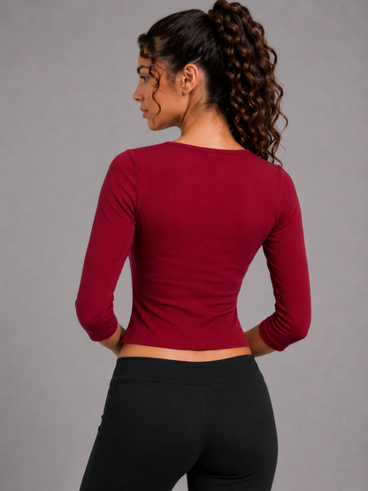 Haut col en V manches ¾ - Rouge cerise