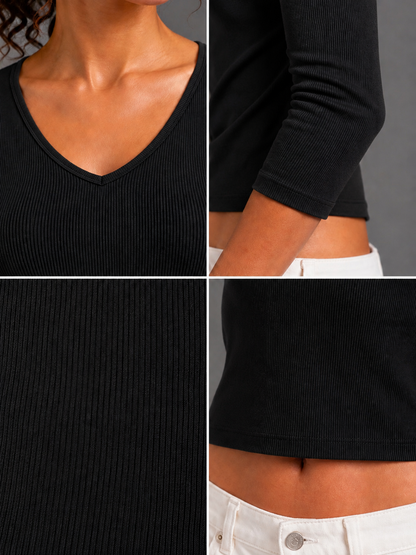 V Neck 3/4 Sleeve Top - Black