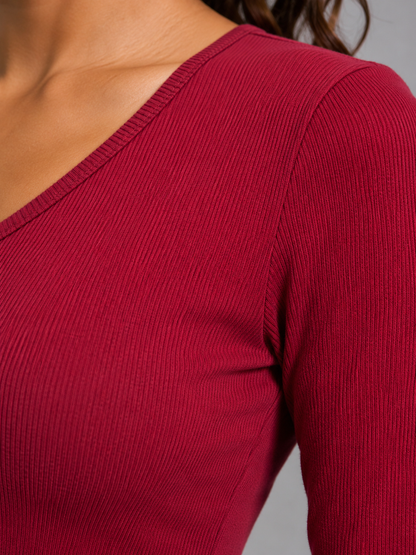 Haut col en V manches ¾ - Rouge cerise