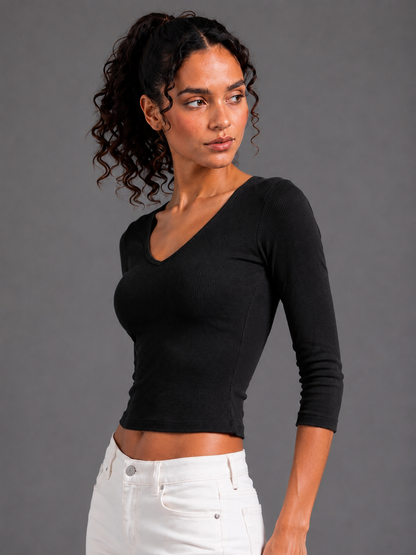 V Neck 3/4 Sleeve Top - Black