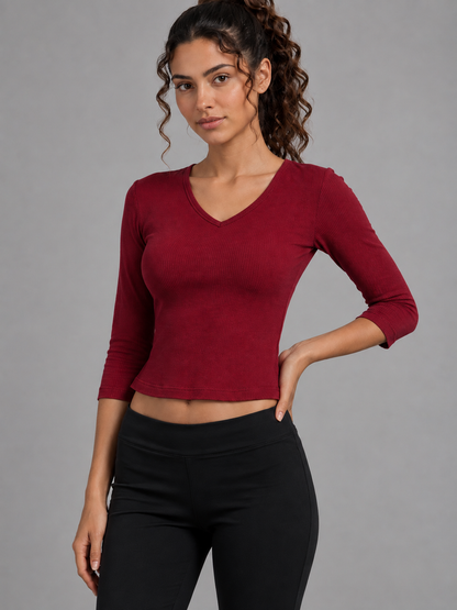 Haut col en V manches ¾ - Rouge cerise
