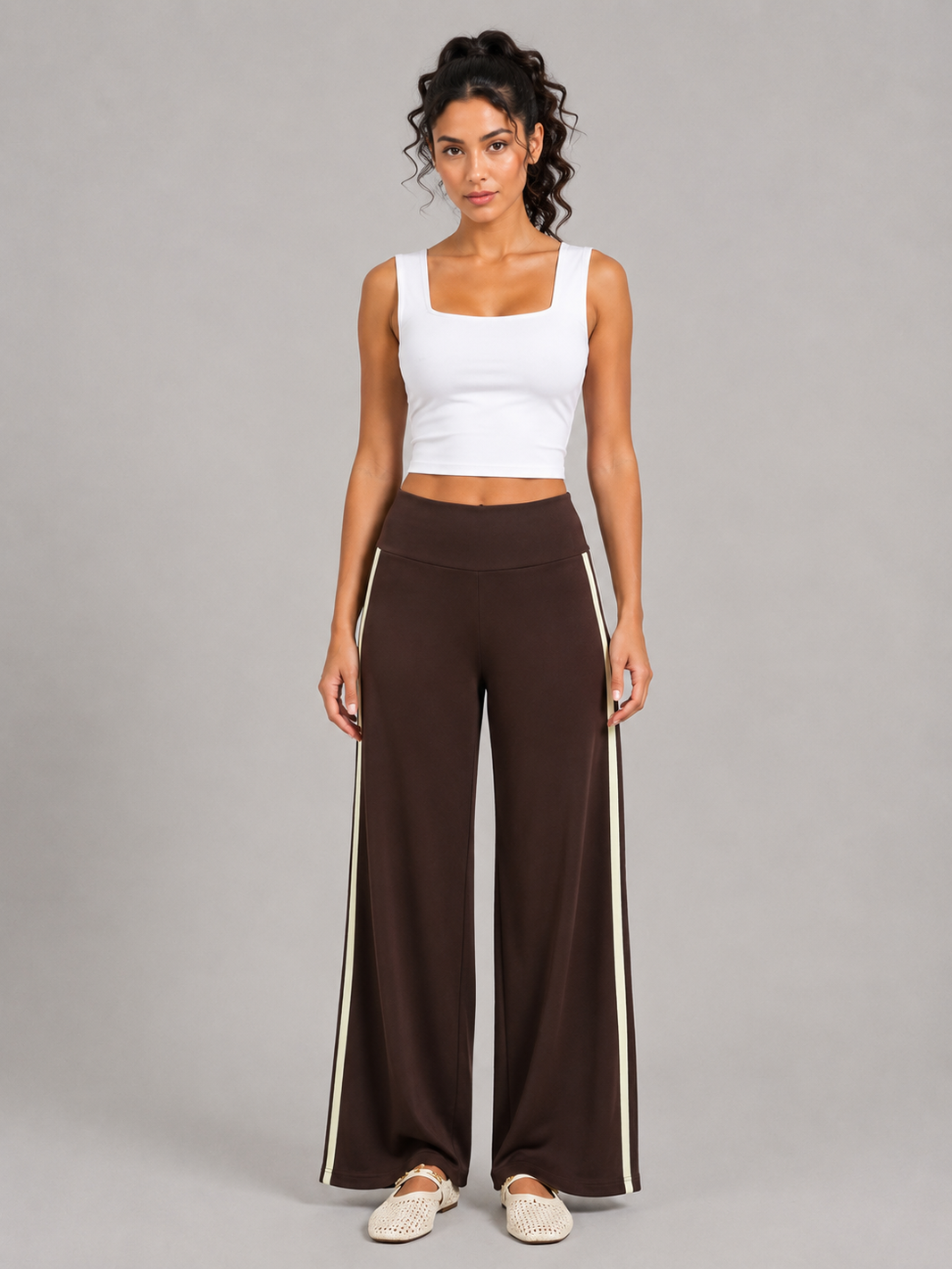 Pantalon à jambes larges rayé - Marron