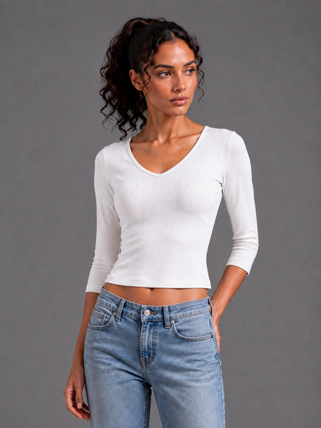 Haut col en V manches ¾ - Blanc