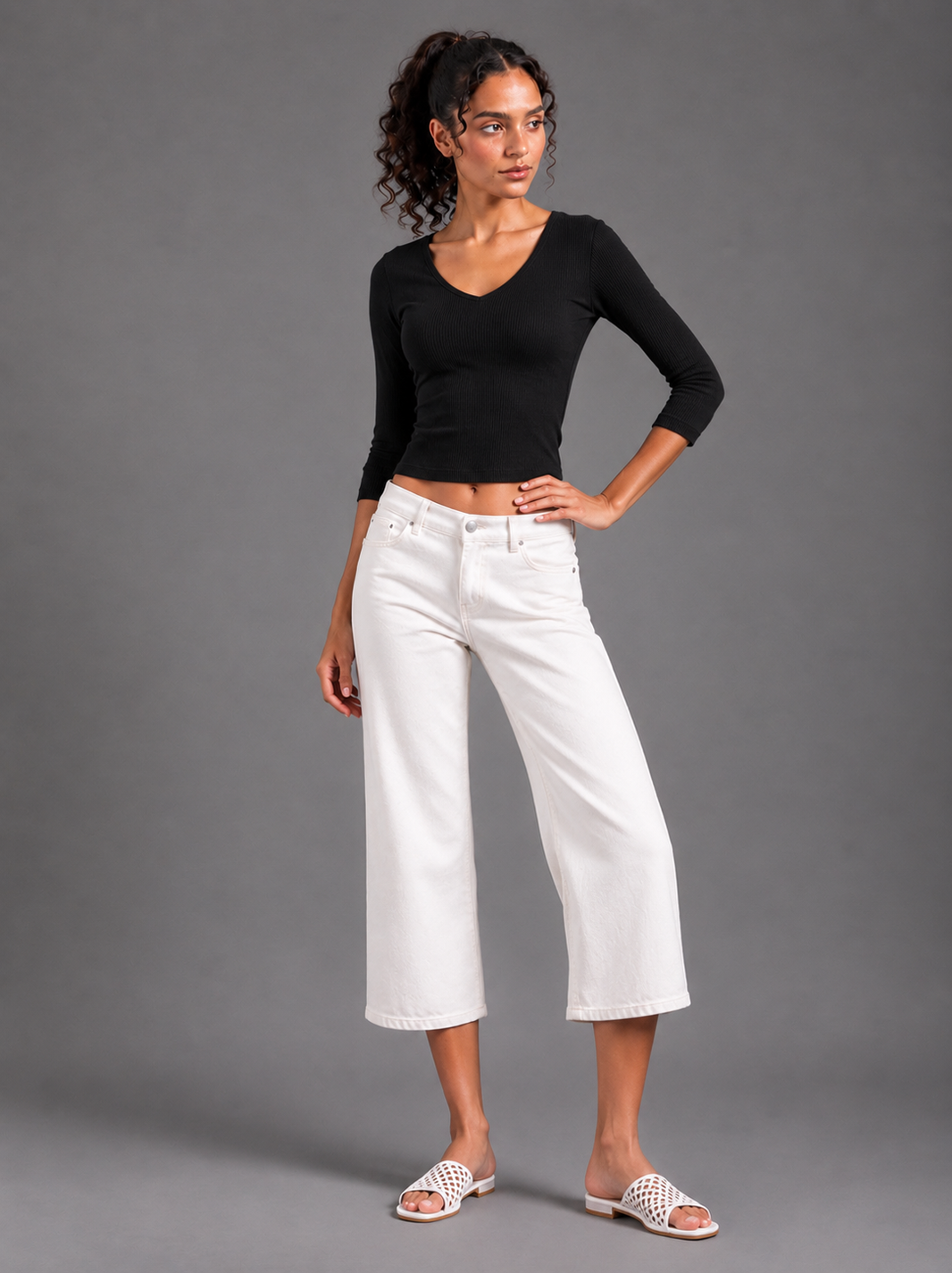 V Neck 3/4 Sleeve Top - Black